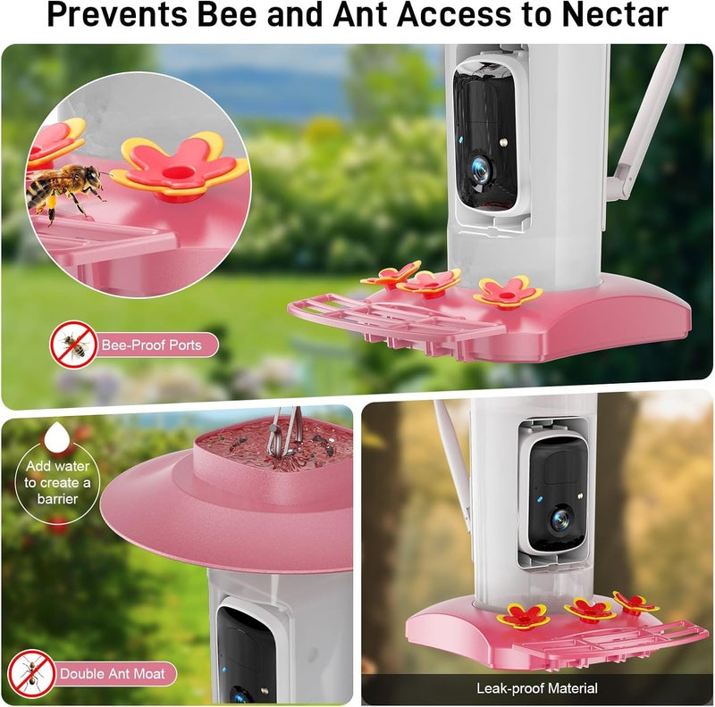 SV3C Hummingbird Feeder with Camera Outdoor, Hanging Bird Feeder with Ant Moat & Bee-Proof, HD 2K Solar Powered, AI Bird Identify, Instant App Alerts, Auto Capture, Hummingbird Lover Gifts, 21oz, Pink - Image 5